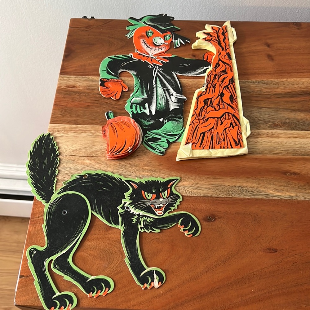 Vintage Beistle Halloween Die-Cut Decorations lot.  Black Cat and Scarecrow.